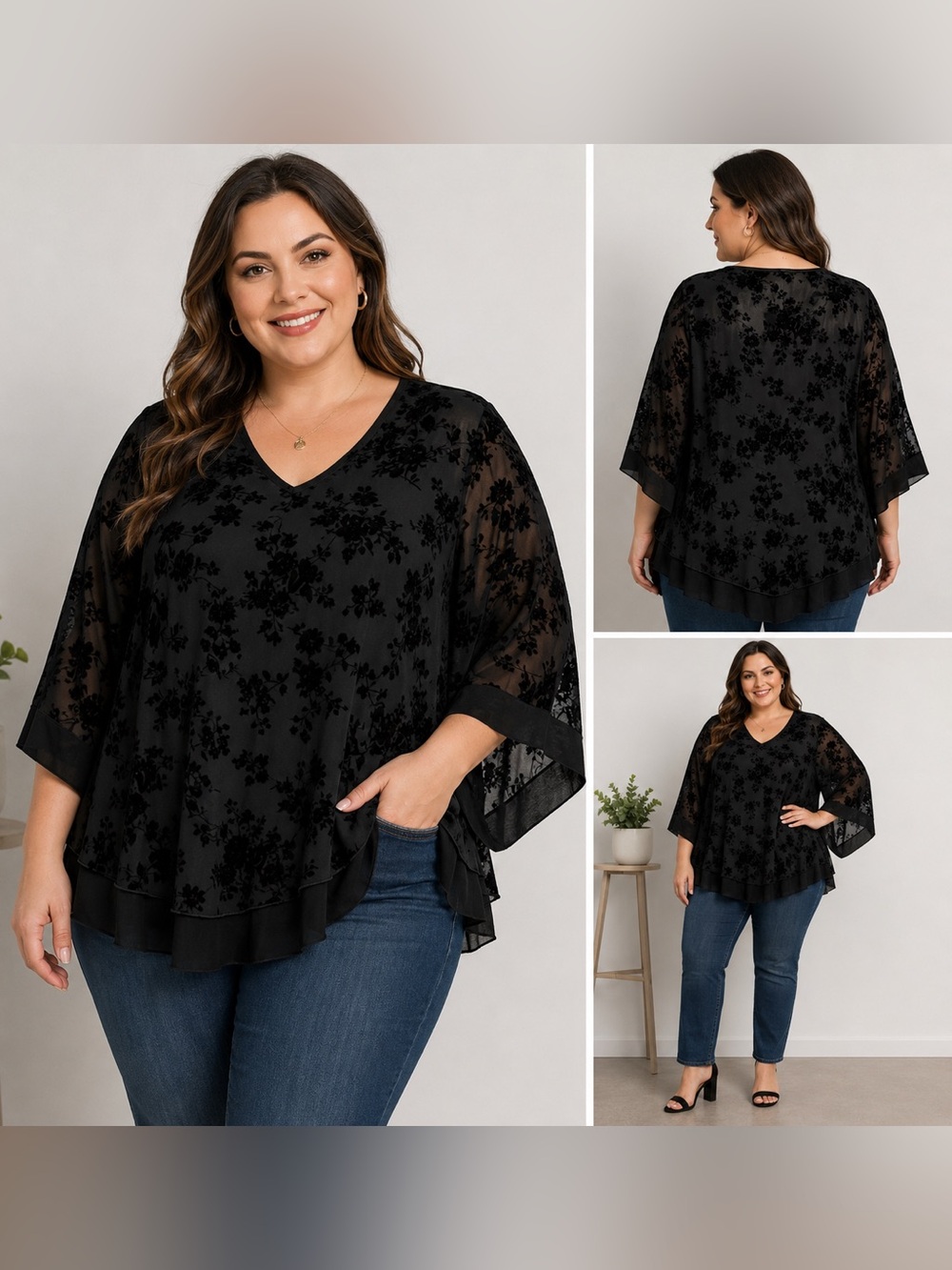 Lotusmile Black Floral Flocked Sheer Mesh Bell Sleeve Top XXXL
